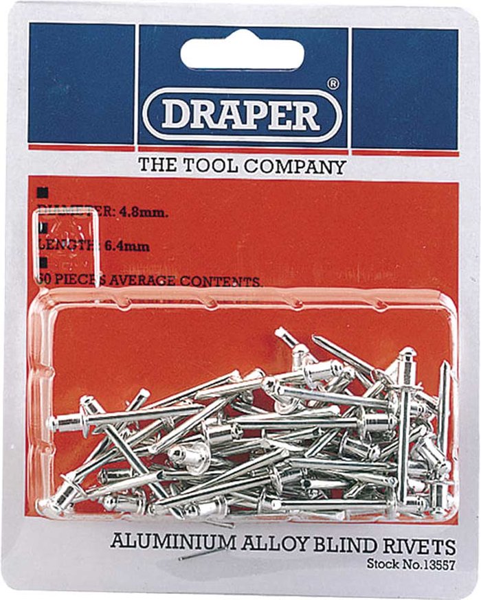 Tooled Up | Draper Draper Aluminium Pop Rivets 4.8mm 5.8mm Pack of 50 Draper Draper Aluminium Pop Rivets 4.8mm 5.8mm Pack of 50