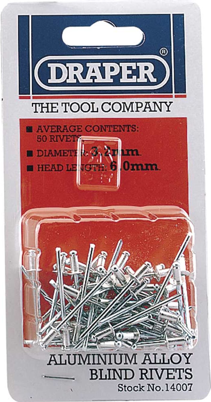 Tooled Up | Draper Draper Aluminium Pop Rivets 3.2mm 5.2mm Pack of 50 Draper Draper Aluminium Pop Rivets 3.2mm 5.2mm Pack of 50