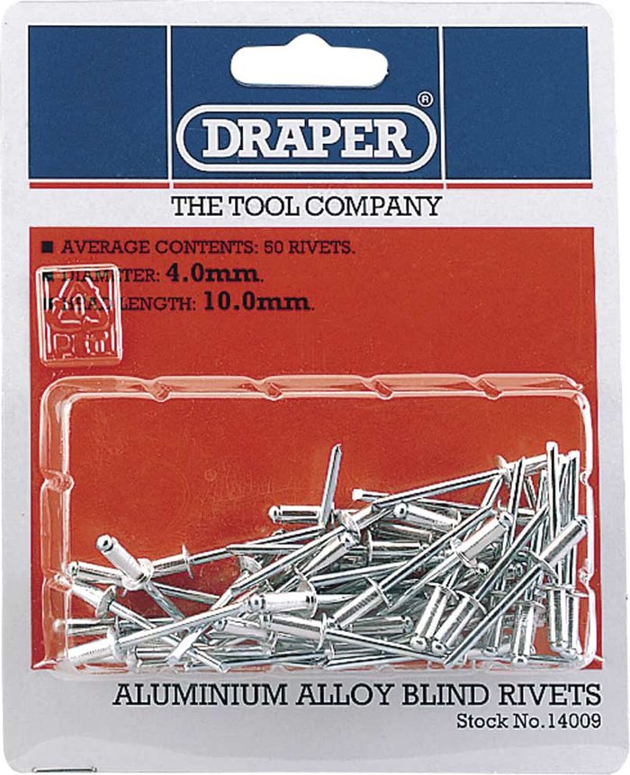Tooled Up | Draper Draper Aluminium Pop Rivets 4mm 10mm Pack of 50 Draper Draper Aluminium Pop Rivets 4mm 10mm Pack of 50