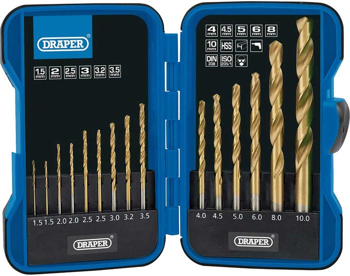 Tooled Up | Draper Draper 15 Piece Titanium Nitride Coated HSS Drill Bit Set - Blue Draper Draper 15 Piece Titanium Nitride Coated HSS Drill Bit Set - Blue