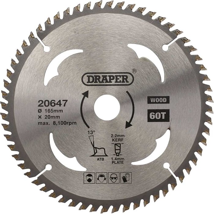 Tooled Up | Draper Draper TCT Wood Cutting Circular Saw Blade 165mm 60T 20mm Draper Draper TCT Wood Cutting Circular Saw Blade 165mm 60T 20mm