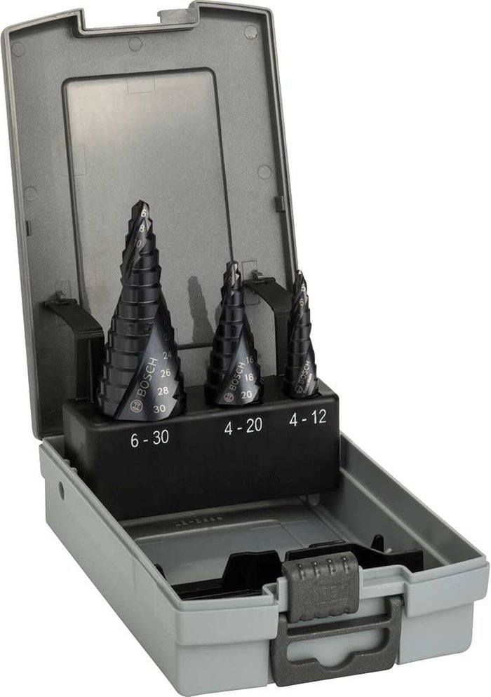 Tooled Up | Bosch Professional Bosch 3 Piece HSS-AlTiN Step Drill Bit Set Bosch Professional Bosch 3 Piece HSS-AlTiN Step Drill Bit Set