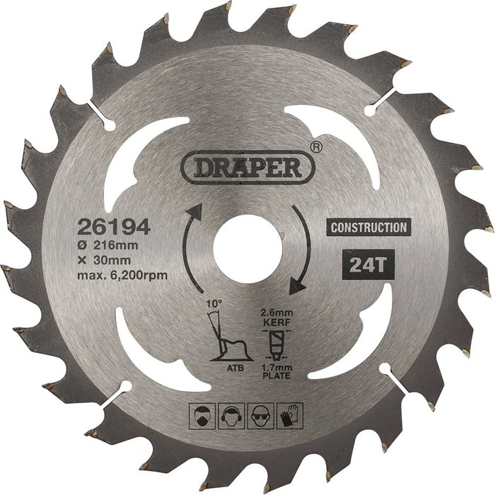 Tooled Up | Draper Draper TCT Construction Circular Saw Blade 216mm 24T 30mm Draper Draper TCT Construction Circular Saw Blade 216mm 24T 30mm
