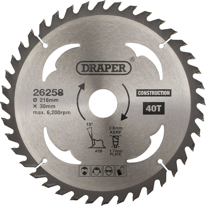 Tooled Up | Draper Draper TCT Construction Circular Saw Blade 216mm 40T 30mm Draper Draper TCT Construction Circular Saw Blade 216mm 40T 30mm