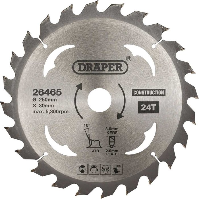 Tooled Up | Draper Draper TCT Construction Circular Saw Blade 250mm 24T 30mm Draper Draper TCT Construction Circular Saw Blade 250mm 24T 30mm