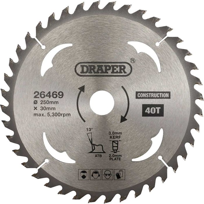 Tooled Up | Draper Draper TCT Construction Circular Saw Blade 250mm 40T 30mm Draper Draper TCT Construction Circular Saw Blade 250mm 40T 30mm