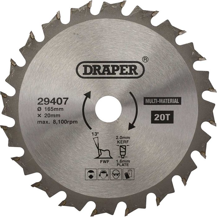 Tooled Up | Draper Draper TCT Multi Purpose Circular Saw Blade 165mm 20T 20mm Draper Draper TCT Multi Purpose Circular Saw Blade 165mm 20T 20mm