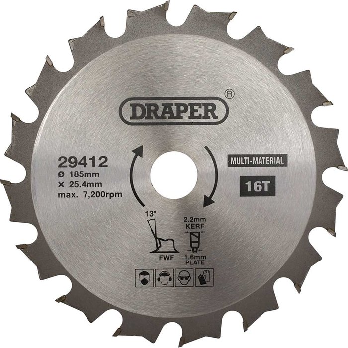 Tooled Up | Draper Draper TCT Multi Purpose Circular Saw Blade 185mm 16T 25.4mm Draper Draper TCT Multi Purpose Circular Saw Blade 185mm 16T 25.4mm