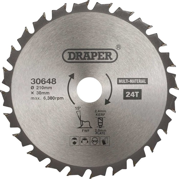 Tooled Up | Draper Draper TCT Multi Purpose Circular Saw Blade 210mm 24T 30mm Draper Draper TCT Multi Purpose Circular Saw Blade 210mm 24T 30mm