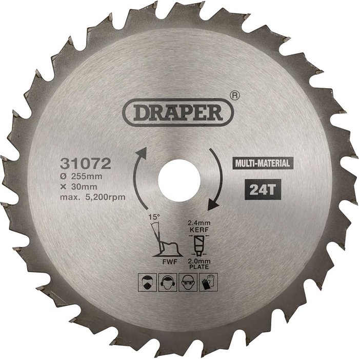 Tooled Up | Draper Draper TCT Multi Purpose Circular Saw Blade 255mm 24T 30mm Draper Draper TCT Multi Purpose Circular Saw Blade 255mm 24T 30mm