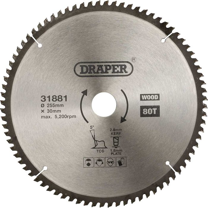 Tooled Up | Draper Draper TCT Triple Chip Grind Circular Saw Blade 255mm 80T 30mm Draper Draper TCT Triple Chip Grind Circular Saw Blade 255mm 80T 30mm