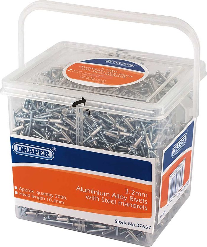 Tooled Up | Draper Draper Aluminium Pop Rivets 3.2mm 10mm Pack of 2000 Draper Draper Aluminium Pop Rivets 3.2mm 10mm Pack of 2000