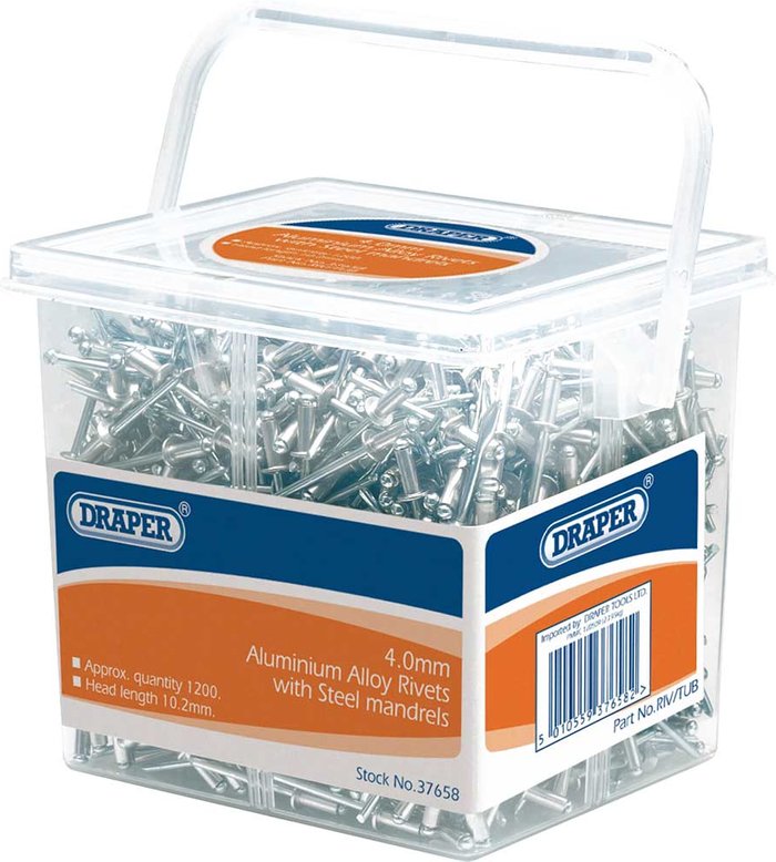 Tooled Up | Draper Draper Aluminium Pop Rivets 4mm 10mm Pack of 1200 Draper Draper Aluminium Pop Rivets 4mm 10mm Pack of 1200