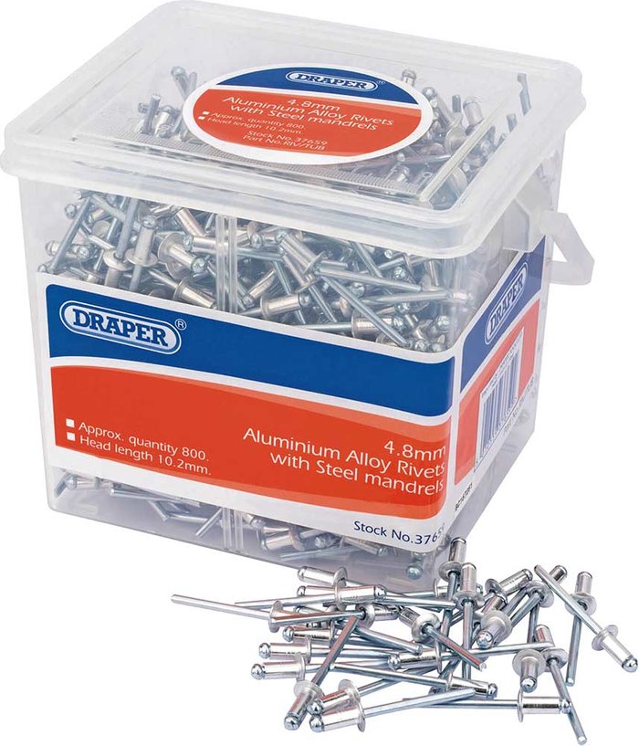 Tooled Up | Draper Draper Aluminium Pop Rivets 4.8mm 10mm Pack of 800 Draper Draper Aluminium Pop Rivets 4.8mm 10mm Pack of 800