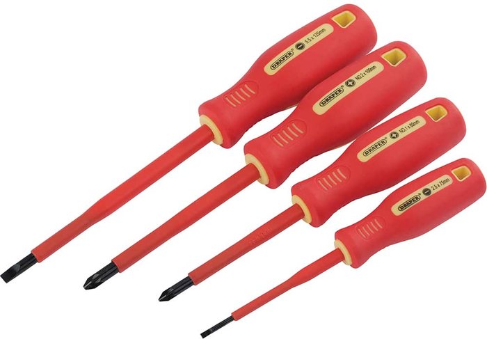 Tooled Up | Draper Draper 4 Piece VDE Insulated Pozi and Slotted Screwdriver Set Draper Draper 4 Piece VDE Insulated Pozi and Slotted Screwdriver Set