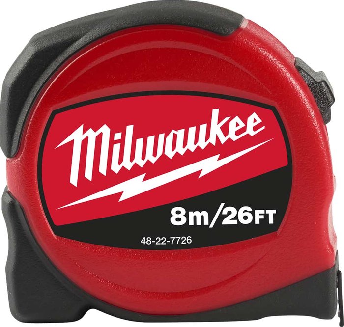 Tooled Up | Milwaukee Milwaukee Slimline Tape Measure Imperial & Metric 25ft / 8m 25mm Milwaukee Milwaukee Slimline Tape Measure Imperial & Metric 25ft / 8m 25mm