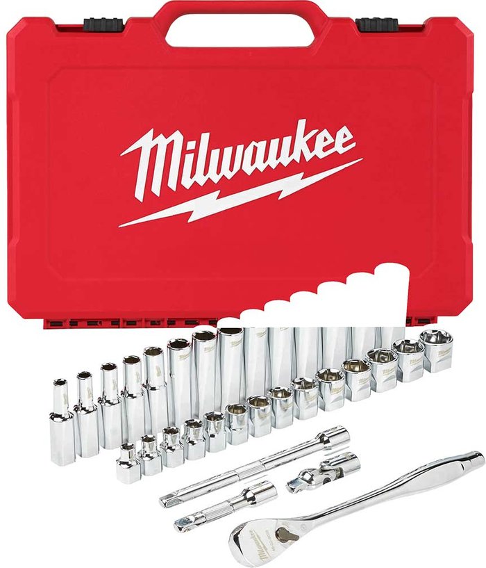 Tooled Up | Milwaukee Milwaukee 32 Piece 3/8” Drive Ratchet and Socket Set Metric 3/8 Milwaukee Milwaukee 32 Piece 3/8” Drive Ratchet and Socket Set Metric 3/8