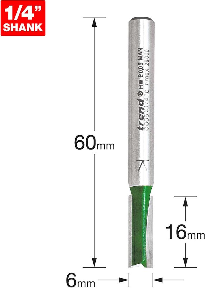 Tooled Up | Trend Trend CRAFTPRO Two Flute Straight Router Cutter 6mm 16mm 1/4 Trend Trend CRAFTPRO Two Flute Straight Router Cutter 6mm 16mm 1/4