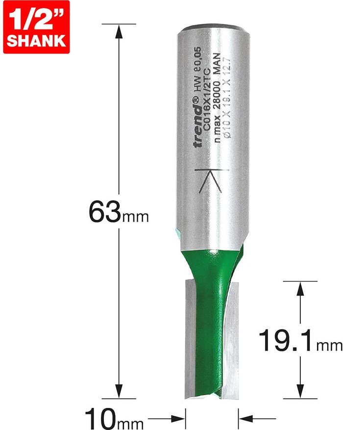 Tooled Up | Trend Trend CRAFTPRO Two Flute Straight Router Cutter 10mm 19.1mm 1/2 Trend Trend CRAFTPRO Two Flute Straight Router Cutter 10mm 19.1mm 1/2