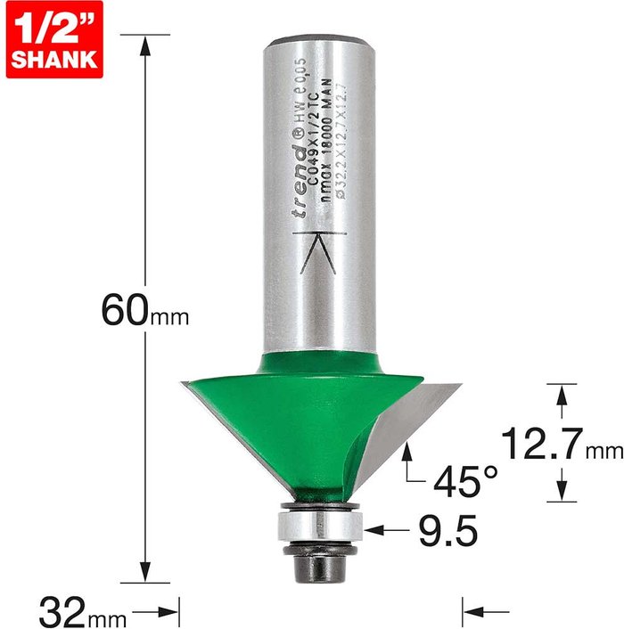 Tooled Up | Trend Trend CRAFTPRO Chamfer Bearing Guided Router Cutter 32mm 12.7mm 1/2 Trend Trend CRAFTPRO Chamfer Bearing Guided Router Cutter 32mm 12.7mm 1/2