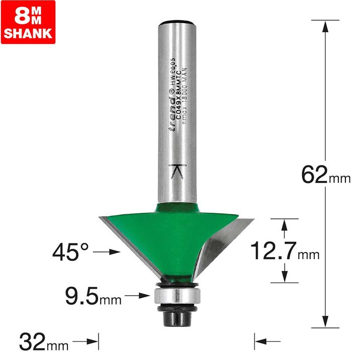 Tooled Up | Trend Trend CRAFTPRO Chamfer Bearing Guided Router Cutter 32mm 12.7mm 8mm Trend Trend CRAFTPRO Chamfer Bearing Guided Router Cutter 32mm 12.7mm 8mm