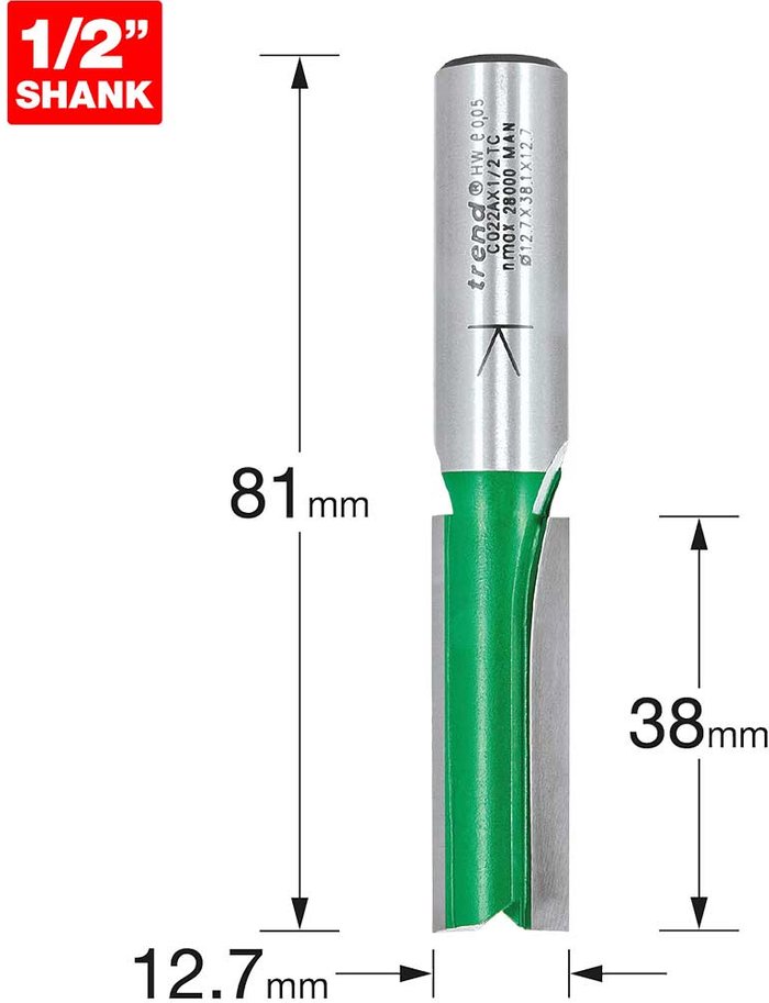 Tooled Up | Trend Trend CRAFTPRO Two Flute Straight Router Cutter 12.7mm 38mm 1/2 Trend Trend CRAFTPRO Two Flute Straight Router Cutter 12.7mm 38mm 1/2