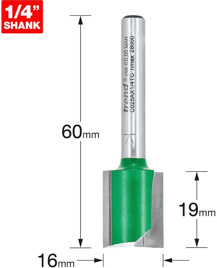Tooled Up | Trend Trend CRAFTPRO Two Flute Straight Router Cutter 16mm 19mm 1/4 Trend Trend CRAFTPRO Two Flute Straight Router Cutter 16mm 19mm 1/4
