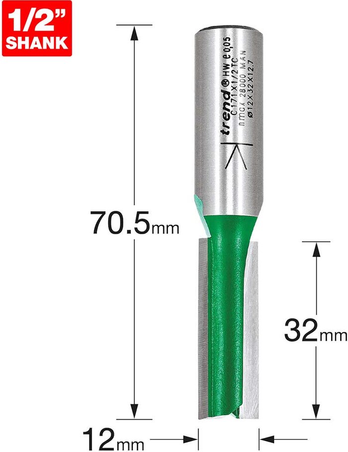 Tooled Up | Trend Trend CRAFTPRO Two Flute Straight Router Cutter 12mm 32mm 1/2 Trend Trend CRAFTPRO Two Flute Straight Router Cutter 12mm 32mm 1/2