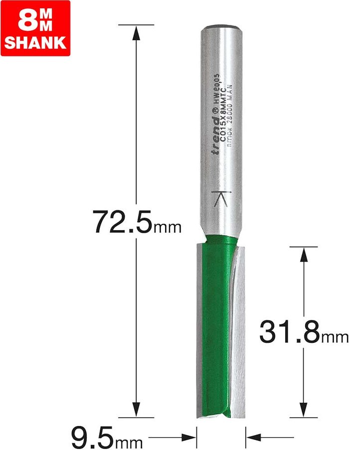 Tooled Up | Trend Trend CRAFTPRO Two Flute Straight Router Cutter 9.5mm 31.8mm 8mm Trend Trend CRAFTPRO Two Flute Straight Router Cutter 9.5mm 31.8mm 8mm