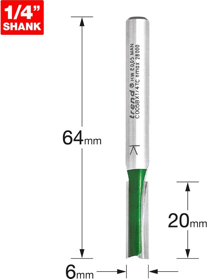 Tooled Up | Trend Trend CRAFTPRO Two Flute Straight Router Cutter 6mm 20mm 1/4 Trend Trend CRAFTPRO Two Flute Straight Router Cutter 6mm 20mm 1/4