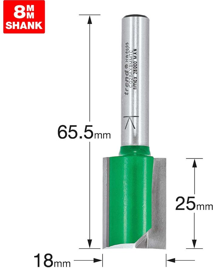 Tooled Up | Trend Trend CRAFTPRO Two Flute Straight Router Cutter 18mm 25mm 8mm Trend Trend CRAFTPRO Two Flute Straight Router Cutter 18mm 25mm 8mm