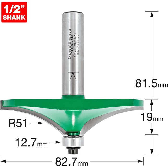 Tooled Up | Trend Trend CRAFTPRO Handrail Bearig Guided Router Cutter 82.7mm 19mm 1/2 Trend Trend CRAFTPRO Handrail Bearig Guided Router Cutter 82.7mm 19mm 1/2