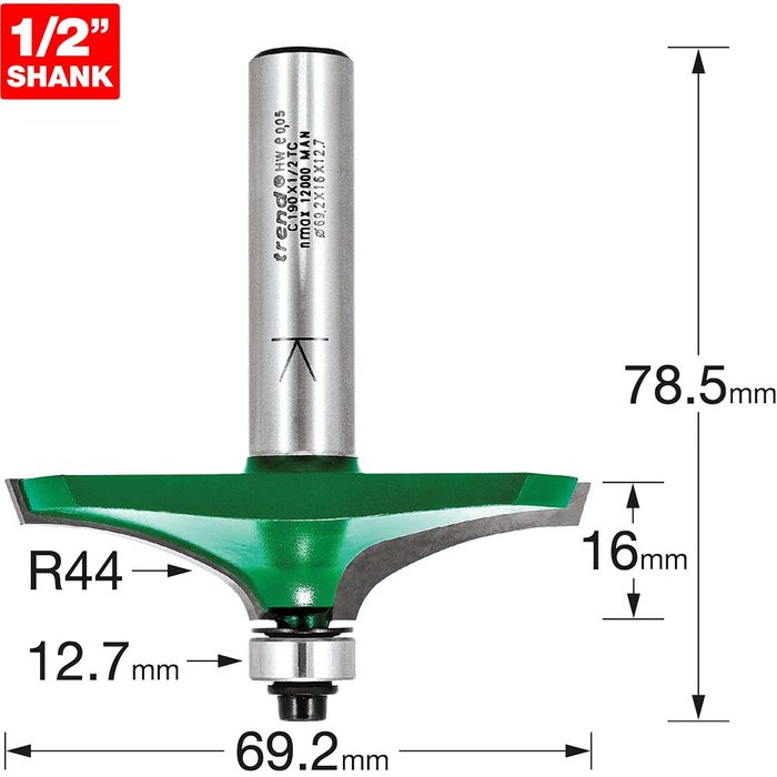Tooled Up | Trend Trend CRAFTPRO Handrail Bearig Guided Router Cutter 69.2mm 16mm 1/2 Trend Trend CRAFTPRO Handrail Bearig Guided Router Cutter 69.2mm 16mm 1/2