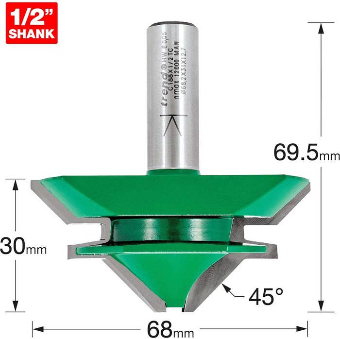 Tooled Up | Trend Trend CRAFTPRO Mitre Lock Joint Router Cutter 68mm 30mm 1/2 Trend Trend CRAFTPRO Mitre Lock Joint Router Cutter 68mm 30mm 1/2