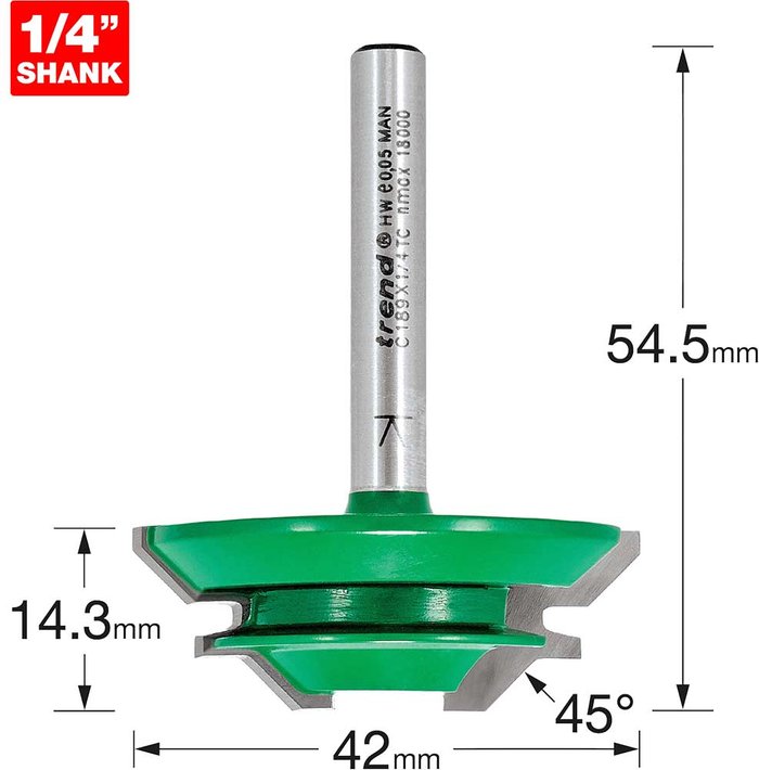 Tooled Up | Trend Trend CRAFTPRO Mitre Lock Joint Router Cutter 42mm 14.3mm 1/4 Trend Trend CRAFTPRO Mitre Lock Joint Router Cutter 42mm 14.3mm 1/4
