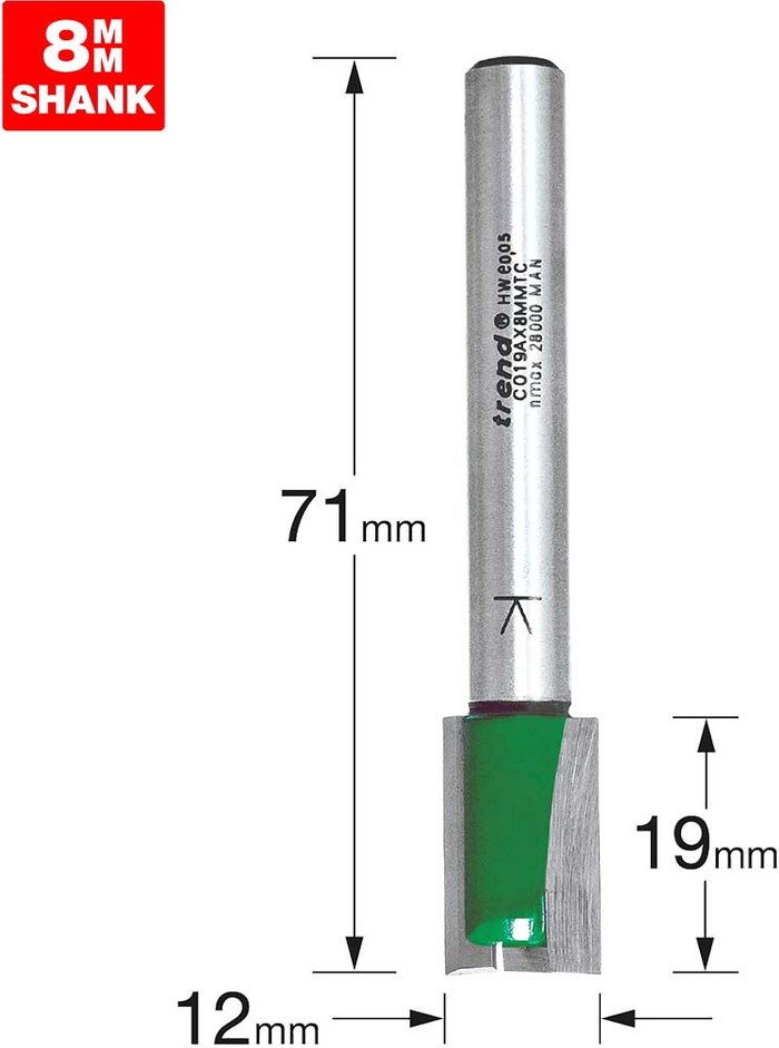 Tooled Up | Trend Trend CRAFTPRO Two Flute Straight Router Cutter 12mm 19mm 8mm Trend Trend CRAFTPRO Two Flute Straight Router Cutter 12mm 19mm 8mm