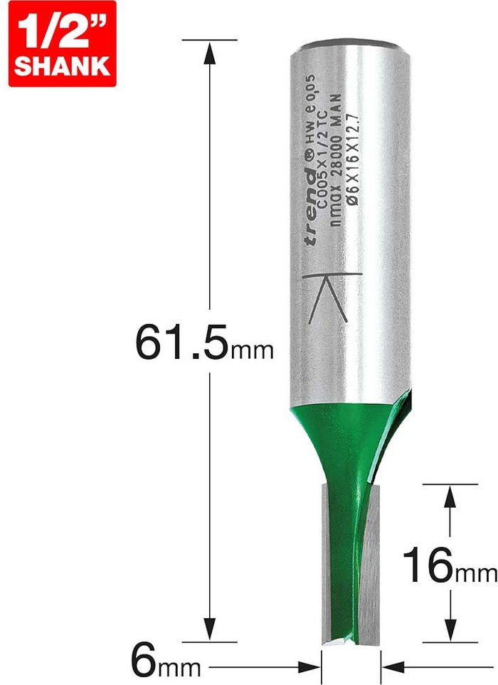 Tooled Up | Trend Trend CRAFTPRO Two Flute Straight Router Cutter 6mm 16mm 1/2 Trend Trend CRAFTPRO Two Flute Straight Router Cutter 6mm 16mm 1/2
