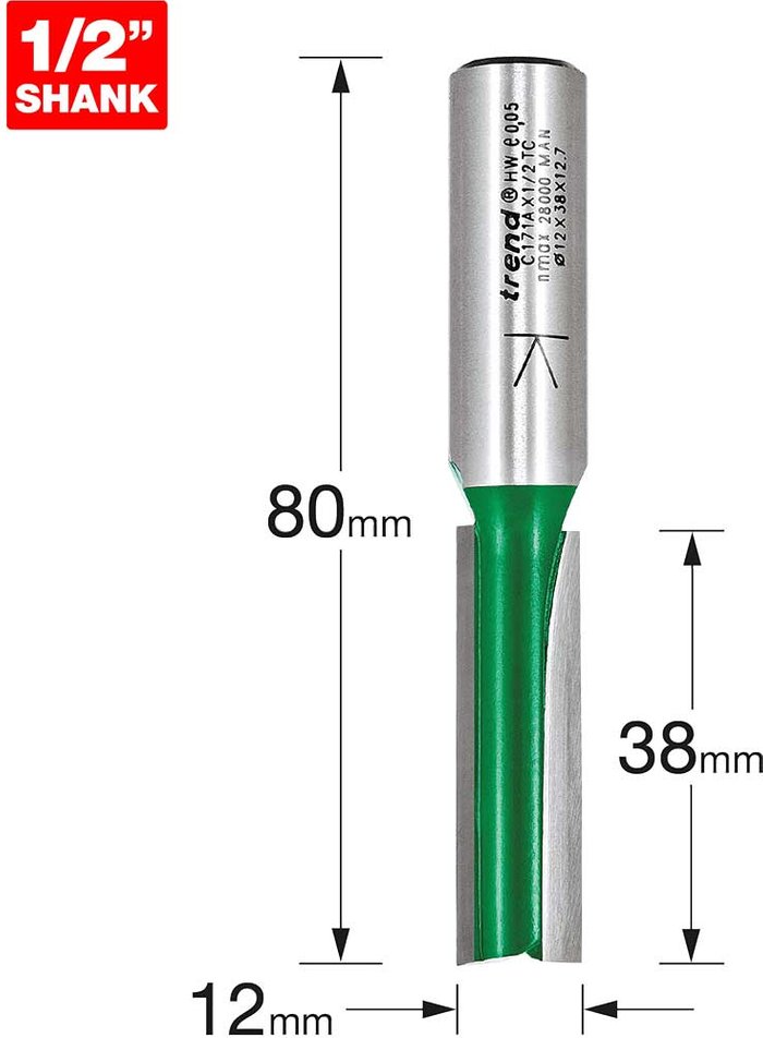 Tooled Up | Trend Trend CRAFTPRO Two Flute Straight Router Cutter 12mm 38mm 1/2 Trend Trend CRAFTPRO Two Flute Straight Router Cutter 12mm 38mm 1/2