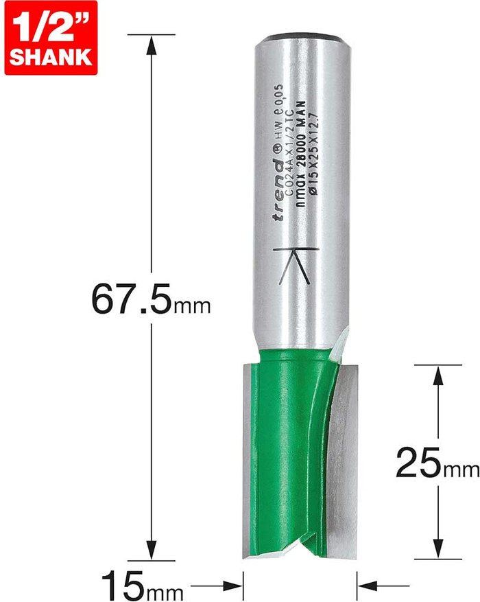 Tooled Up | Trend Trend CRAFTPRO Two Flute Straight Router Cutter 15mm 25mm 1/2 Trend Trend CRAFTPRO Two Flute Straight Router Cutter 15mm 25mm 1/2