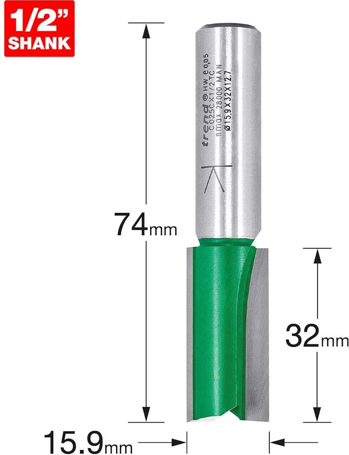 Tooled Up | Trend Trend CRAFTPRO Two Flute Straight Router Cutter 15.9mm 32mm 1/2 Trend Trend CRAFTPRO Two Flute Straight Router Cutter 15.9mm 32mm 1/2