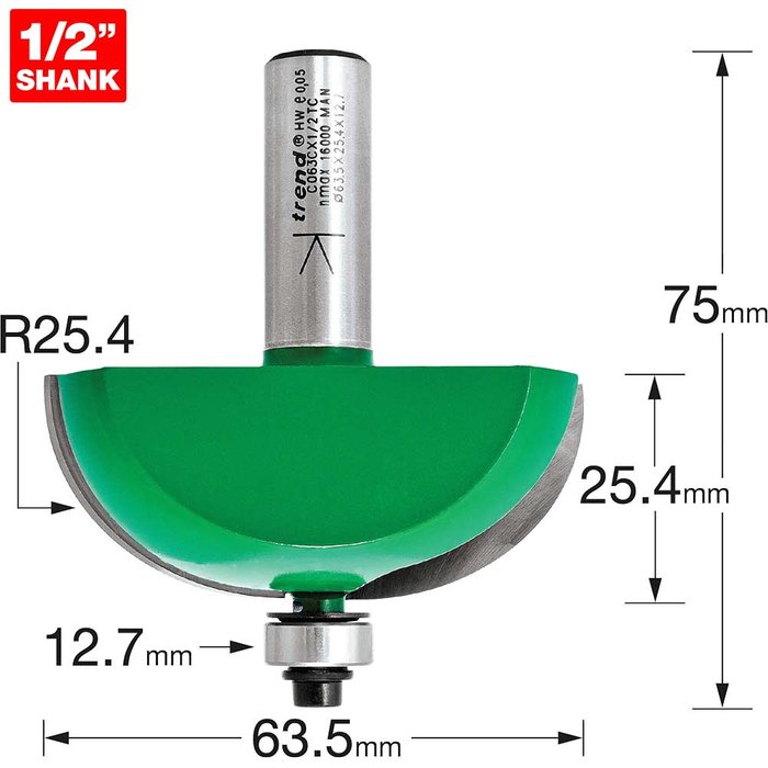 Tooled Up | Trend Trend CRAFTPRO Radius Bearing Guided Router Cutter 63.5mm 25.4mm 1/2 Trend Trend CRAFTPRO Radius Bearing Guided Router Cutter 63.5mm 25.4mm 1/2