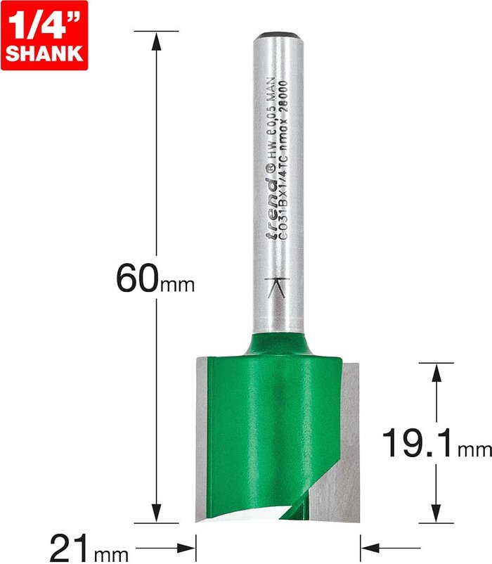 Tooled Up | Trend Trend CRAFTPRO Two Flute Straight Router Cutter 21mm 19mm 1/4 Trend Trend CRAFTPRO Two Flute Straight Router Cutter 21mm 19mm 1/4