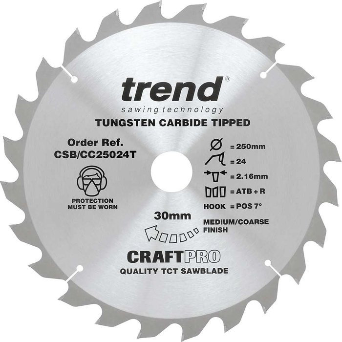 Tooled Up | Trend Trend Craft Anti Kickback Thin Kerf Circular Saw Blade 250mm 24T 30mm Trend Trend Craft Anti Kickback Thin Kerf Circular Saw Blade 250mm 24T 30mm