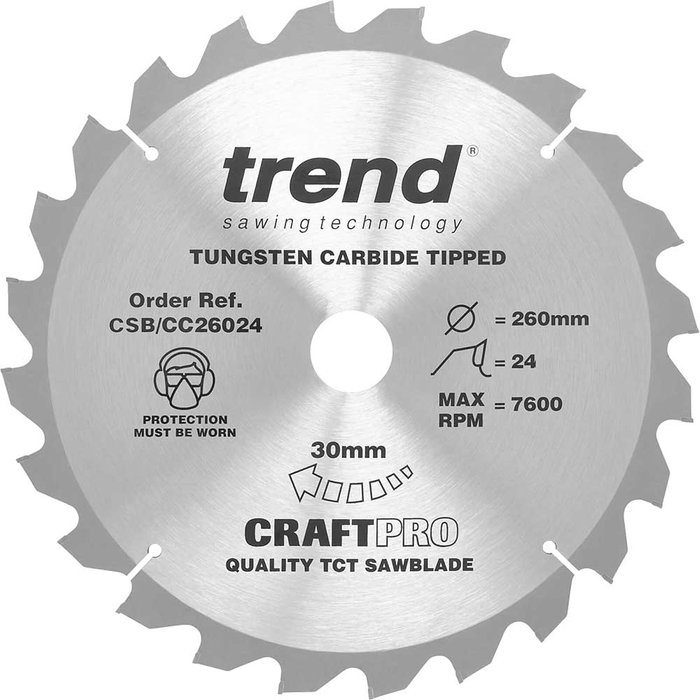 Tooled Up | Trend Trend CRAFTPRO Wood Cutting Mitre Saw Blade 260mm 24T 30mm Trend Trend CRAFTPRO Wood Cutting Mitre Saw Blade 260mm 24T 30mm