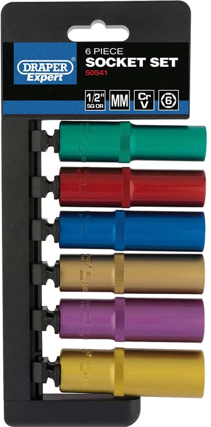 Tooled Up | Draper 1/2' Sq. Dr. Metric Coloured Deep Socket Set (6 Piece) (50541) - Draper Draper 1/2' Sq. Dr. Metric Coloured Deep Socket Set (6 Piece) (50541) - Draper