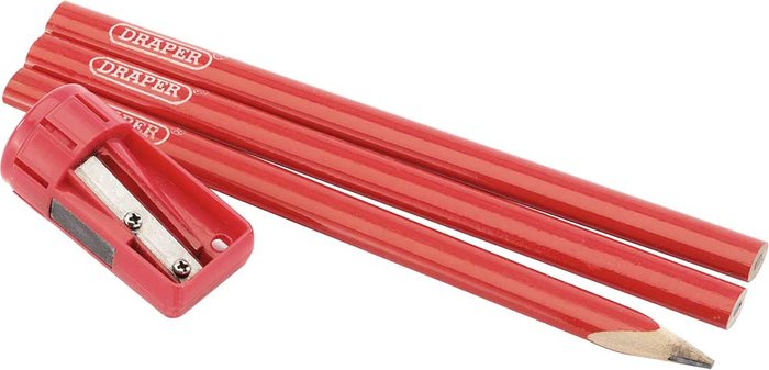 Tooled Up | Draper Draper Red Medium Carpenters Pencils and Sharpener Pack of 6 Draper Draper Red Medium Carpenters Pencils and Sharpener Pack of 6