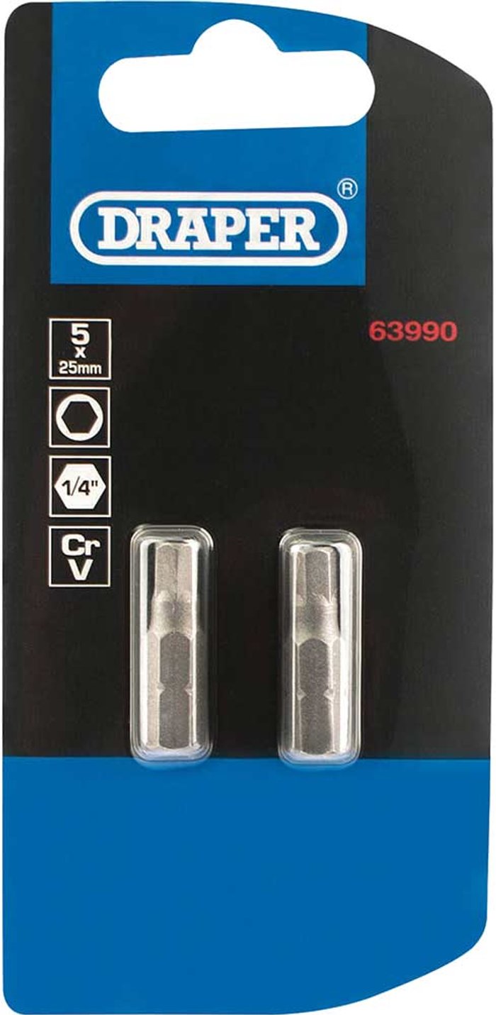 Tooled Up | Draper Draper Hex Screwdriver Bit Hex 5mm 25mm Pack of 2 Draper Draper Hex Screwdriver Bit Hex 5mm 25mm Pack of 2