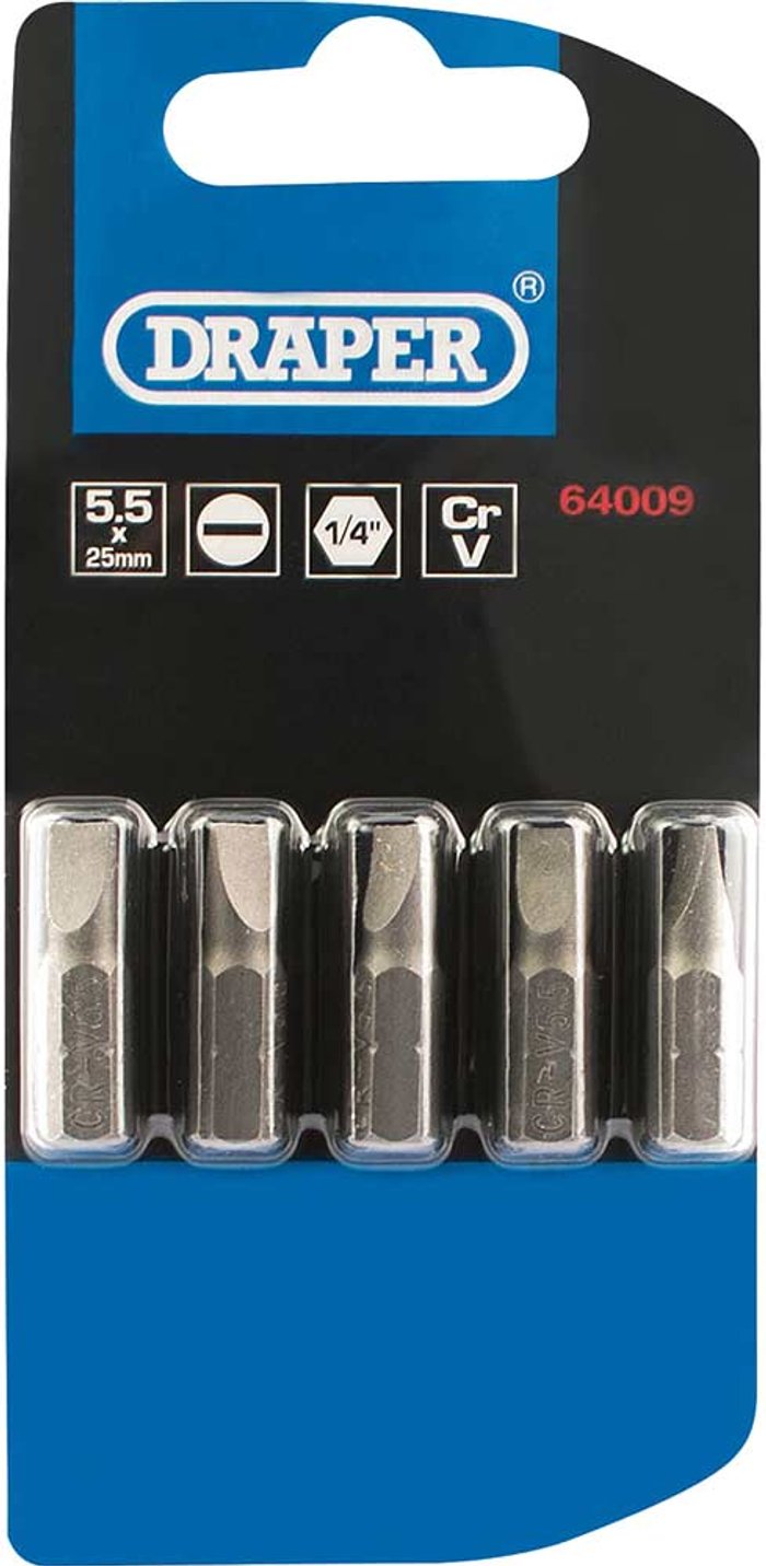 Tooled Up | Draper Draper Slotted Screwdriver Bit 5.5mm 25mm Pack of 5 Draper Draper Slotted Screwdriver Bit 5.5mm 25mm Pack of 5