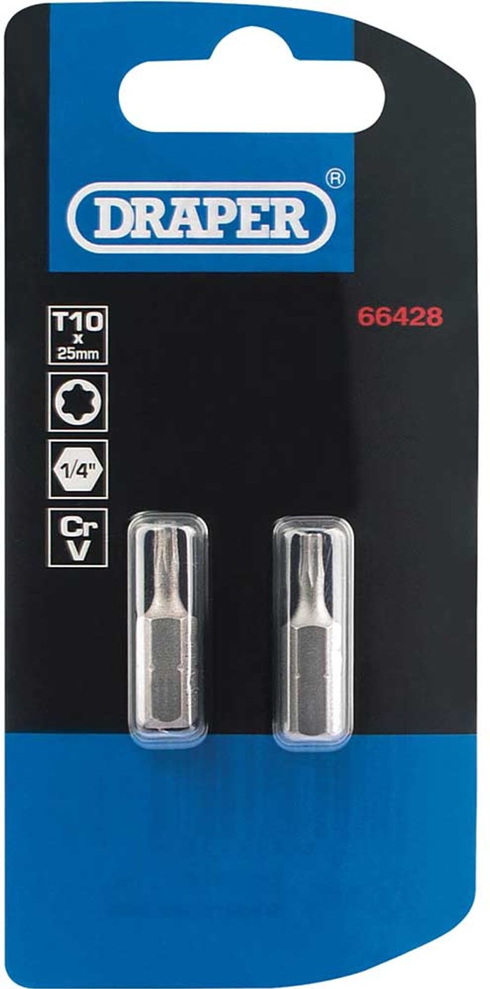 Tooled Up | Draper Draper Torx Screwdriver Bits T10 25mm Pack of 2 Draper Draper Torx Screwdriver Bits T10 25mm Pack of 2
