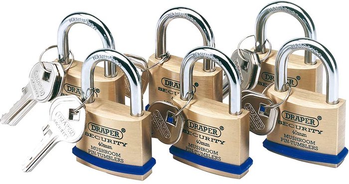 Tooled Up | Draper Draper Solid Brass Padlock Pack of 6 Keyed Alike 40mm Standard Draper Draper Solid Brass Padlock Pack of 6 Keyed Alike 40mm Standard